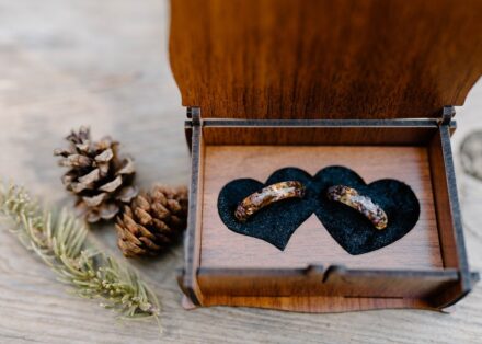 The wedding rings inside a wooden box, next to pine cones and a pine branch.