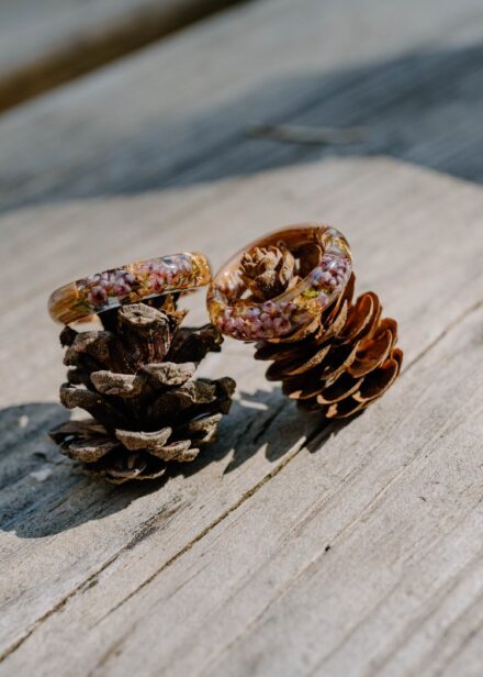 The wildflower resin wedding rings resting atop two tiny pine cones.