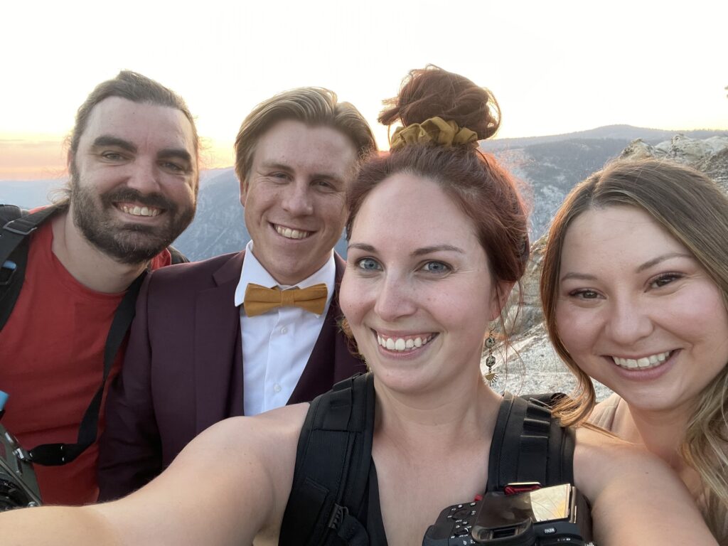 Meghan, Mark, Kevin, and Allison taking a selfie on Kevin and Allison's elopement day.