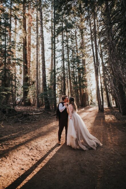 Kevin and Allison kiss in the sunlight under a cluster of pine trees.