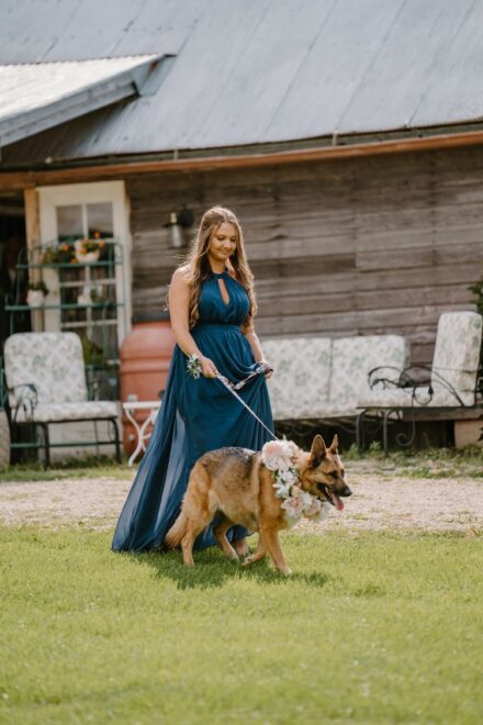 The best maid walking one of the couple's German Shepherds down the aisle.