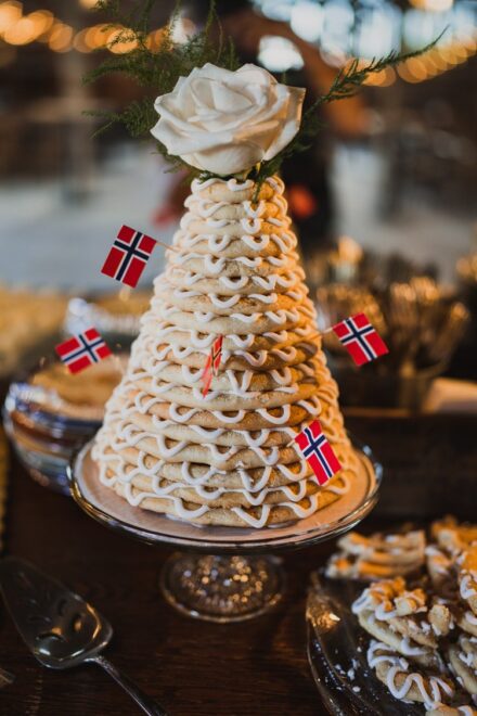 A kransekake (Norwegian wedding cake) displayed on the wedding dessert table.