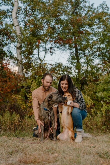 A couple crouched down behind their two dogs, one black and grey and one light brown, in front of fall-colored trees.