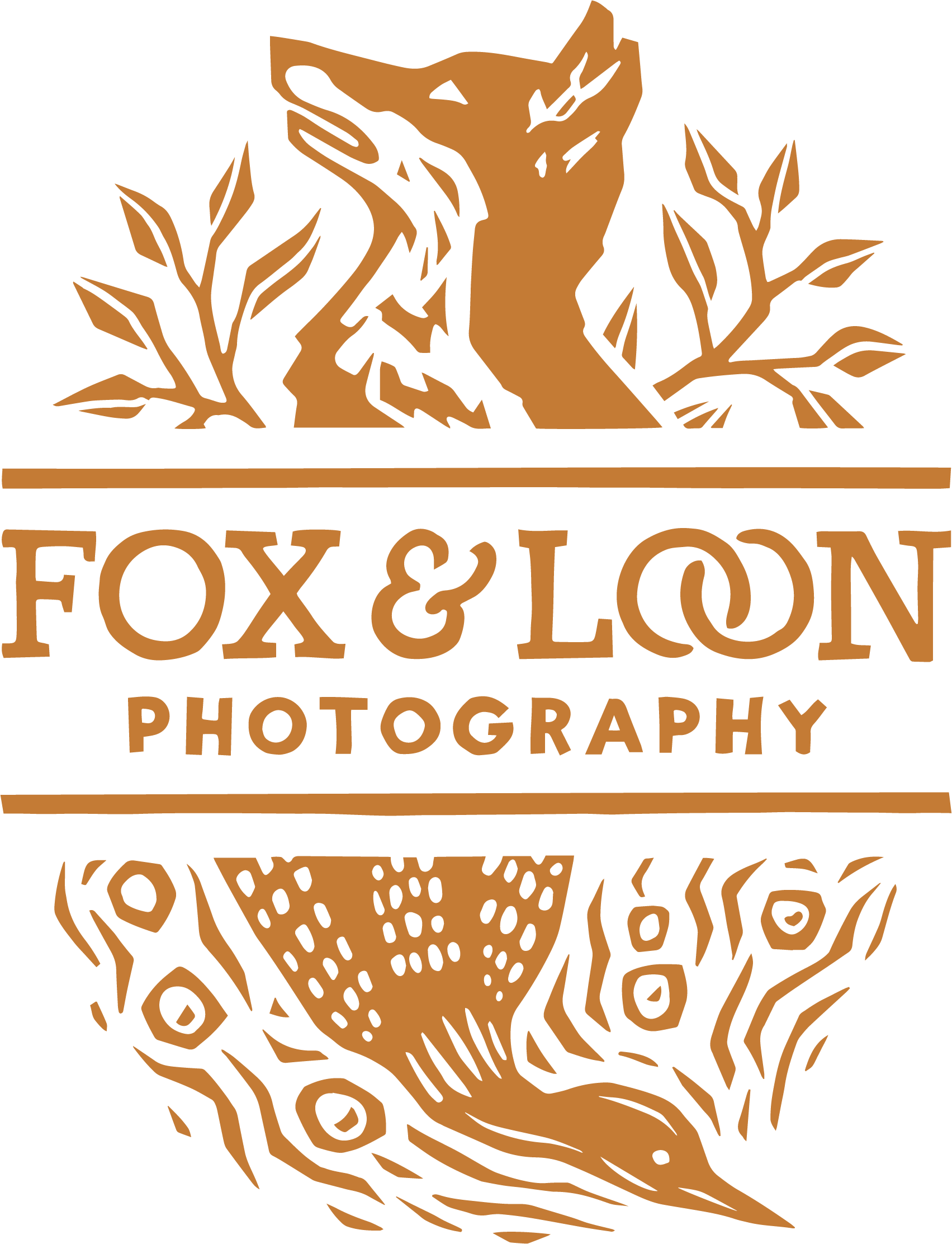 An orange block print with a fox facing upward and loon diving into the water with the words Fox and Loon Photography in the middle